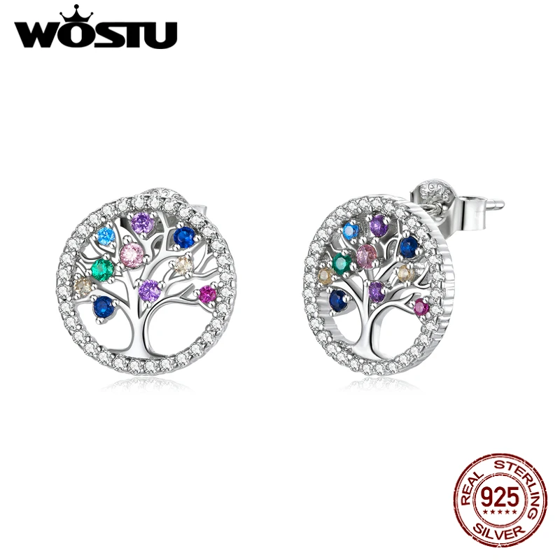 

Wostu 925 Sterling Silver Earrings Colorful tree of life Stud Earrings For Women Authentic Original Fine Jewelry Gift FNE497