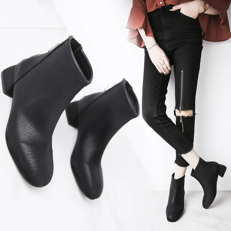 

Fashion Women Back zipper Boots Casual Low High Heels Shoes Woman Autumn and winter plus velvet Ankle Boots Zapatos Mujer W20-06