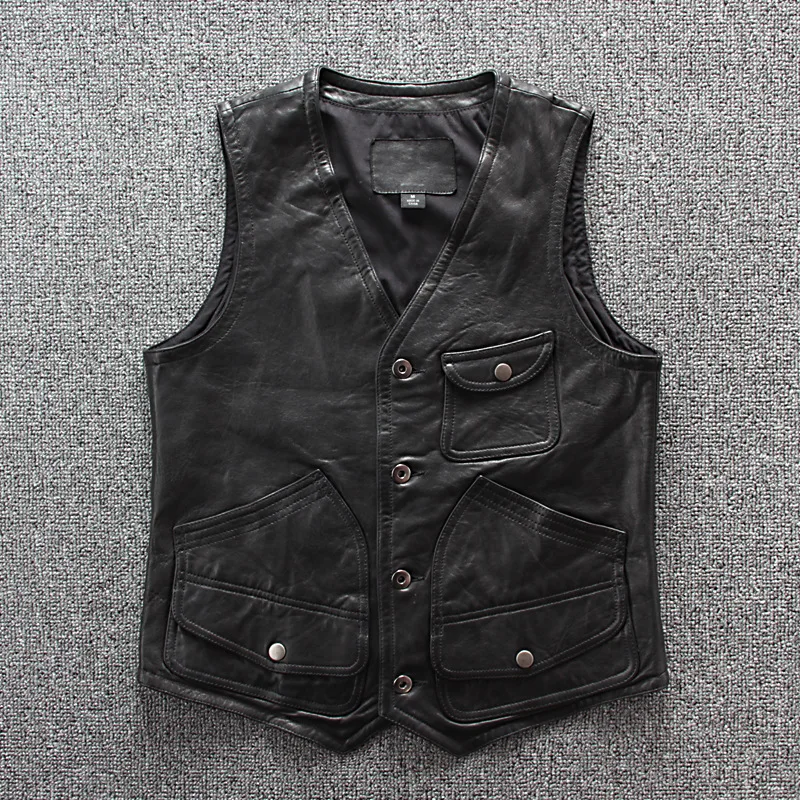 

Sheep DHL Free Motorcycle Rider Short Slim Street Vest Male Brand Vintage Genuine Leather Sleeveless Jacket