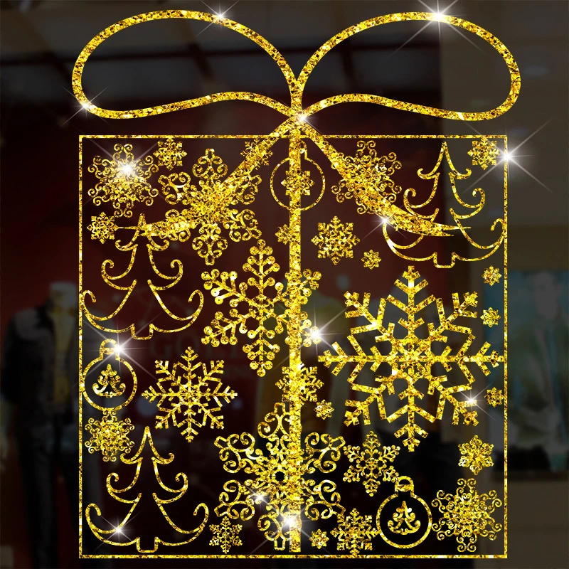 

Shining Gold Christmas Tree Window Sticker Santa Ride Xmas Garland Wall Decals New Year Showcase Stickers Snowman Home Decor