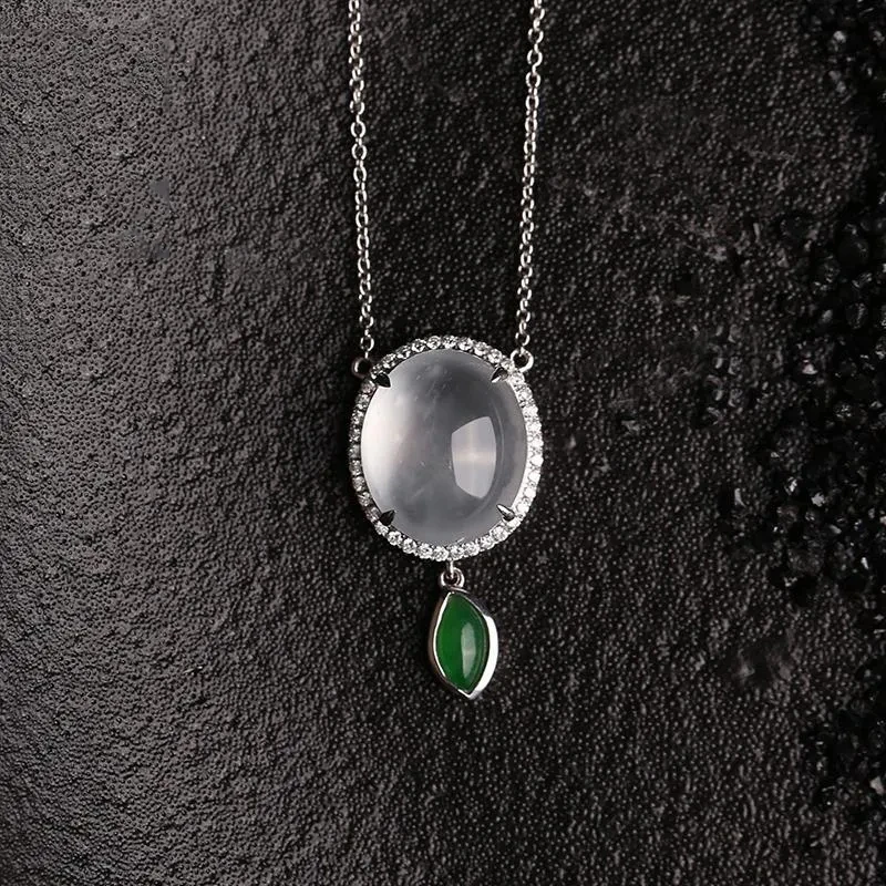 

Myanmar High Quality Ice Jadeite Jade Chalcedony Egg Noodle Pendant Necklace S925 Sterling Silver Gold Inlaid Diamond Female