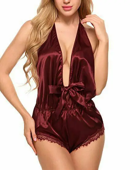 

Women Sexy Satin Lace Babydoll Nightwear One Piece Bodysuit Ladies Sexy V Neck Bodysuits Sleep Wear