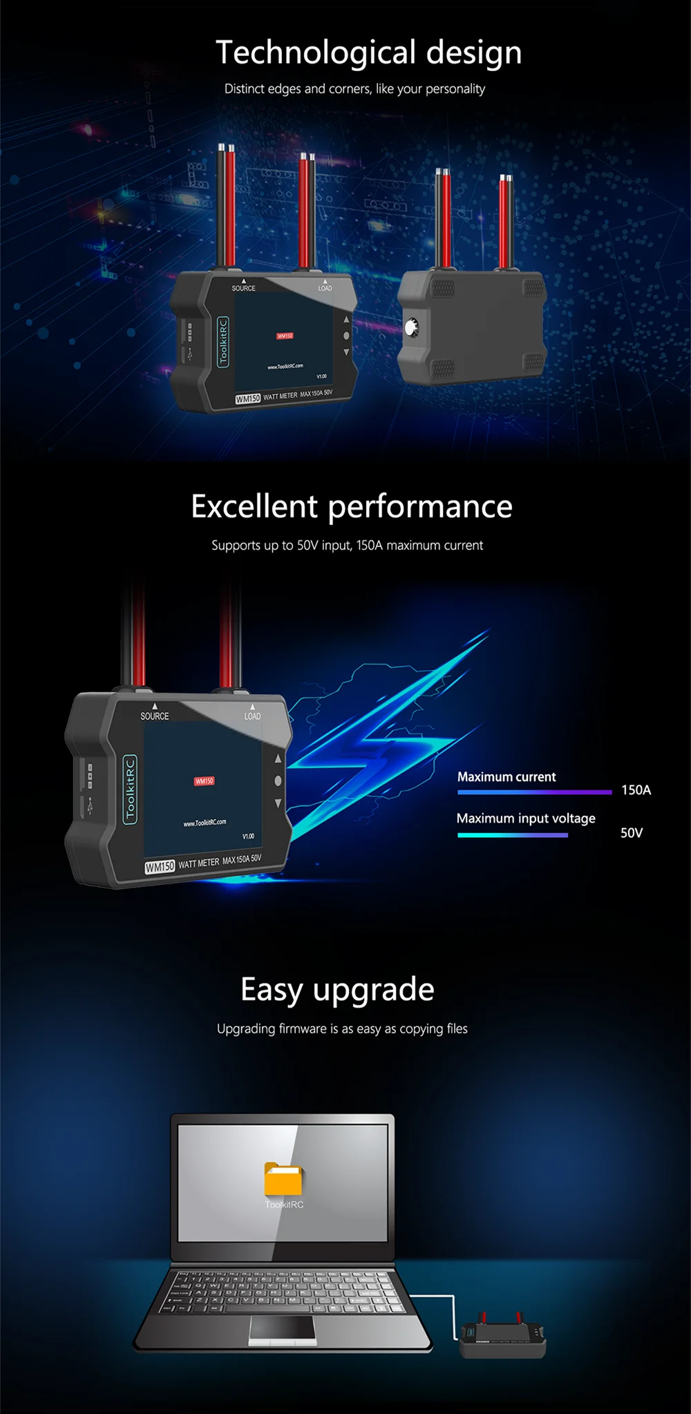 ToolkitRC WM150 150A 50 в Ватт метр анализатор мощности ЖК-дисплей мощность Напряжение Ток Тестер ШИМ выход для RC FPV Дрон