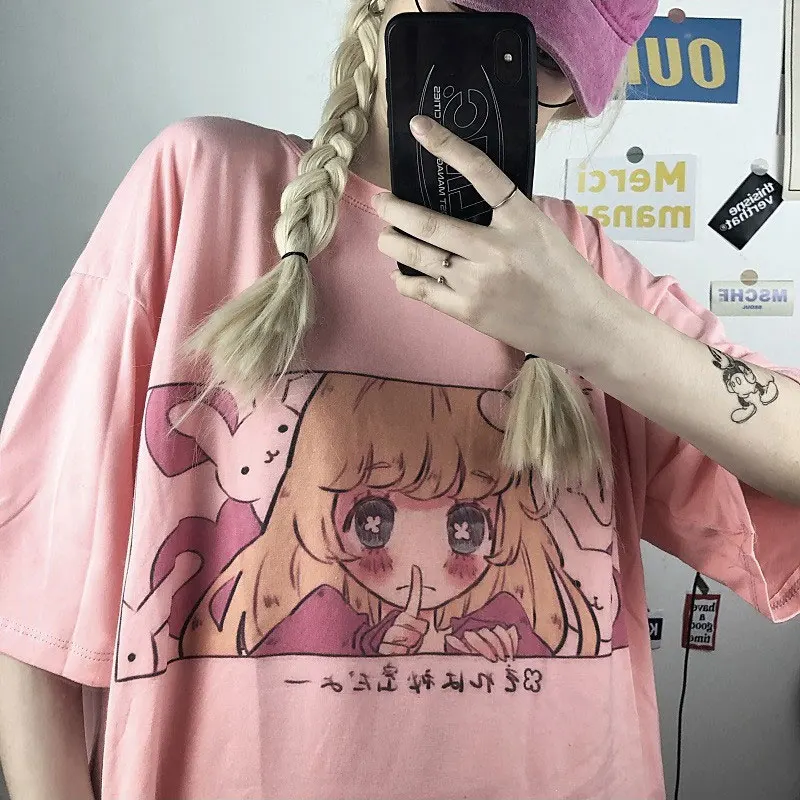 

Cartoon Clothes Women Streetwear Kawaii Pink Tops Ulzzang Graphic Tees Egirl T-Shirt Summer Alt Y2k Aesthetic EMO Clothes