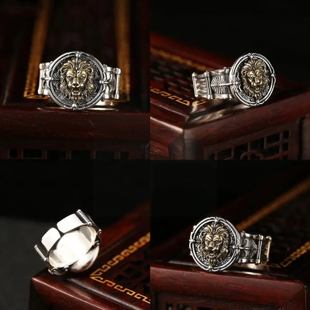 Регулируемое кольцо в ретро-стиле с рельефной резьбой виде короля льва |