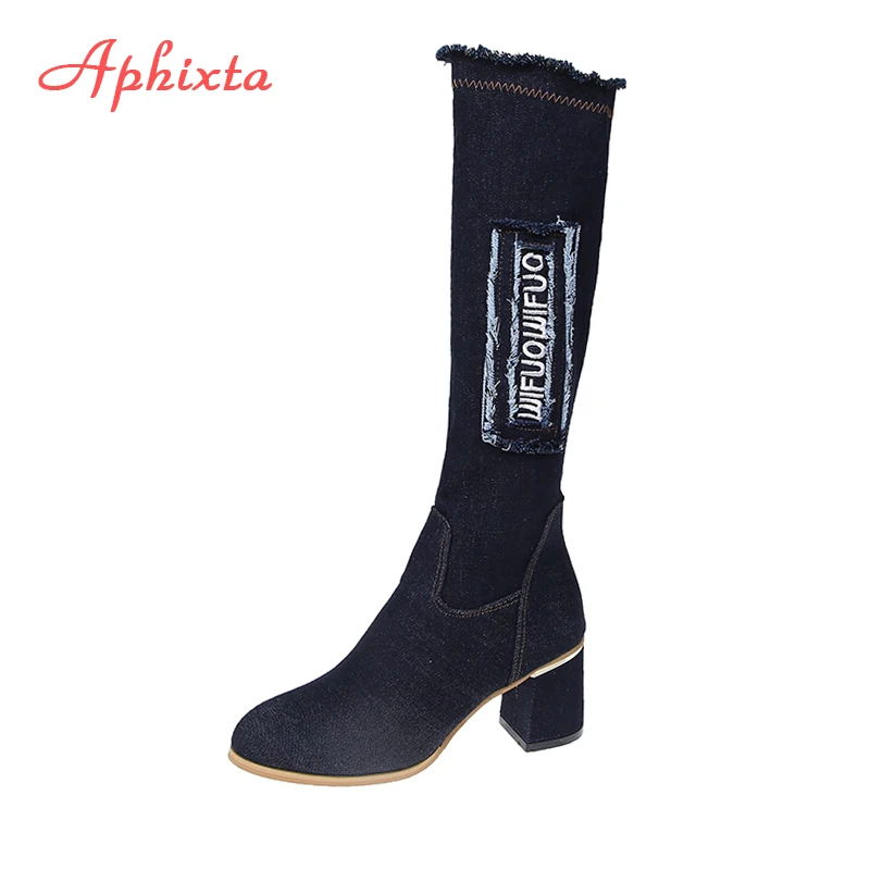 

Женские сапоги до колена Aphixta, джинсовые высокие сапоги на квадратном каблуке 2020 см, с круглым носком, большие размеры 41, для зимы, 6,5