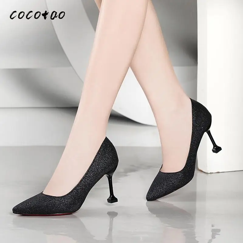 Весна-Осень 2020 новые женские туфли на высоком тонком каблуке серебристого цвета