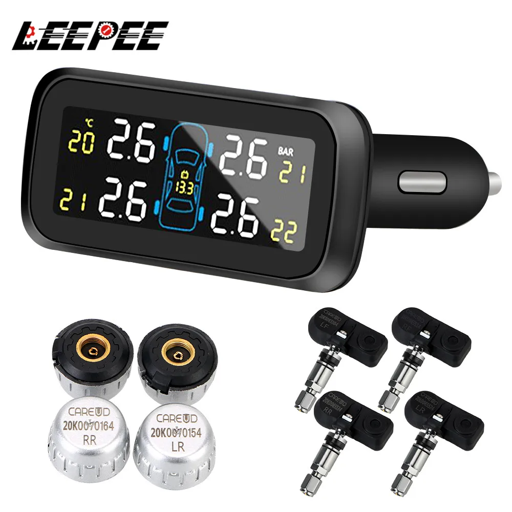 

LEEPEE Auto TPMS Security Alarm Systems Wireless Digital LCD Display Tire Pressure Monitoring System Cigarette Lighter Type