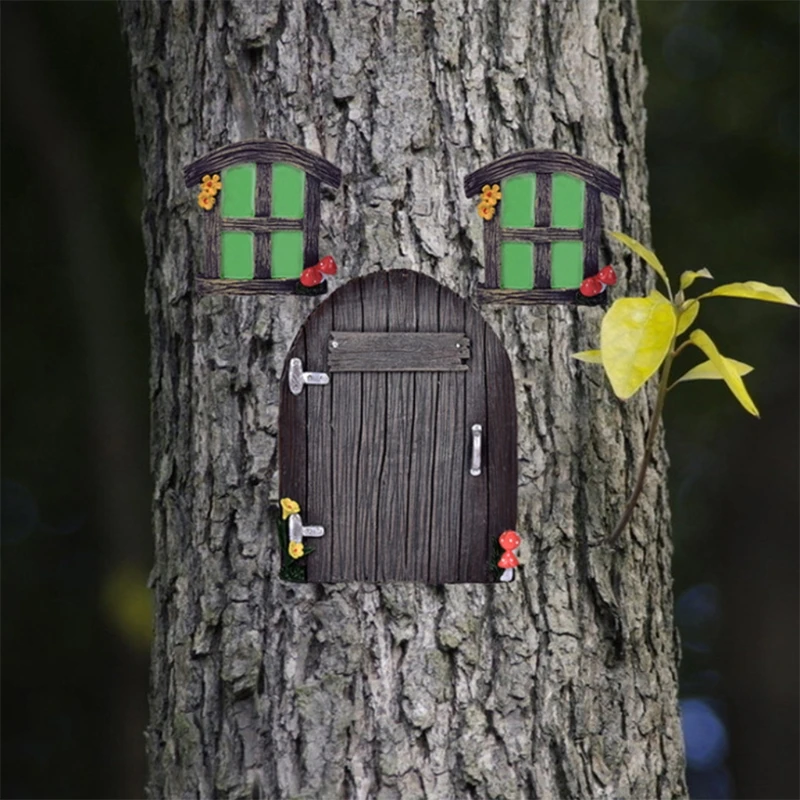 

X7AB Miniature Fairy Gnome Home Door Windows for Trees Yard Art Garden Sculpture Decoration Ornaments