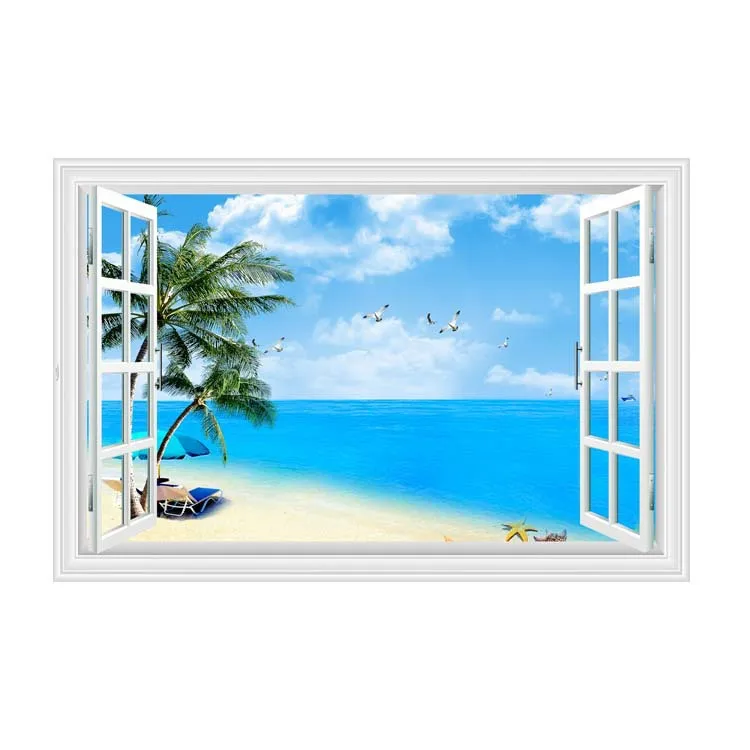 

Sea View 3D Fake Window Wall Stickers Coconut Beach Stickers Living Room Bedroom Office Bedside Home Decoration