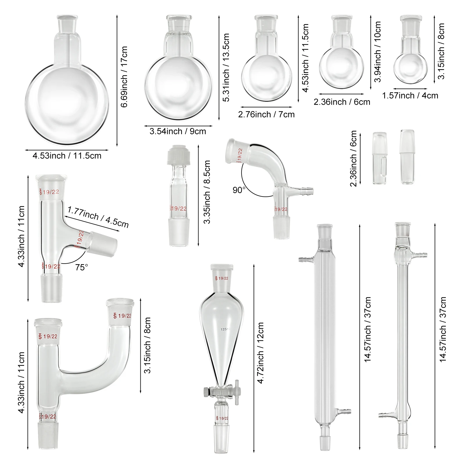 

VEVOR 25/50/100/250/500ml 15pcs 19/22 Frosted Joints w/Plastic Glassware Organic Chemistry Distillation Kit Borosilicate Glass