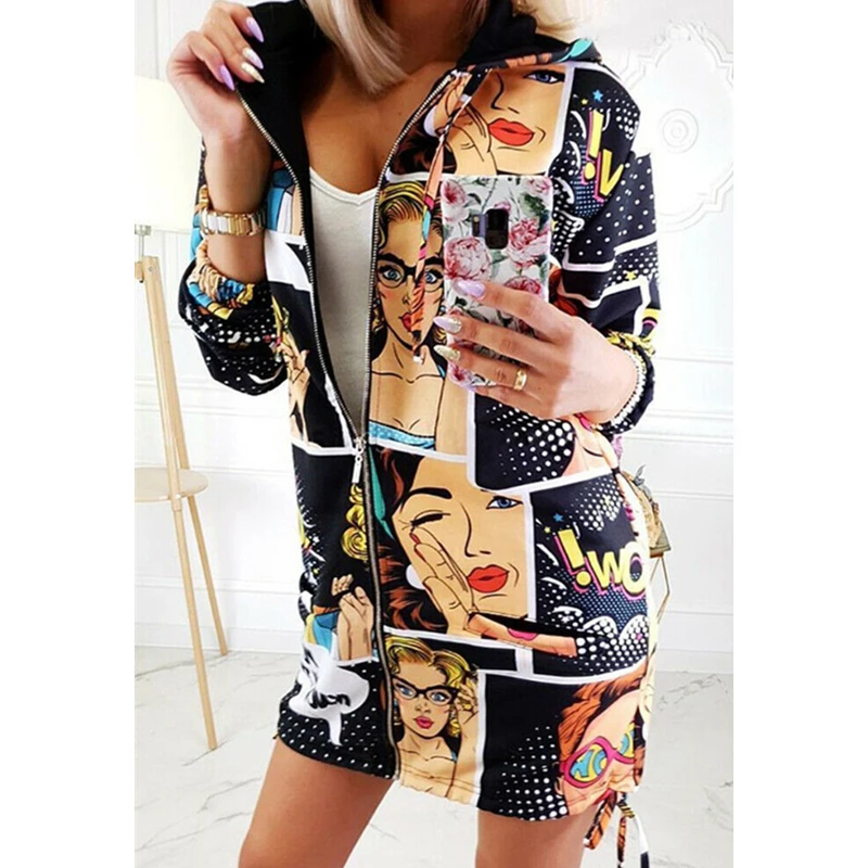 Женская куртка на молнии с принтом Свободный Топ длинным рукавом и капюшоном