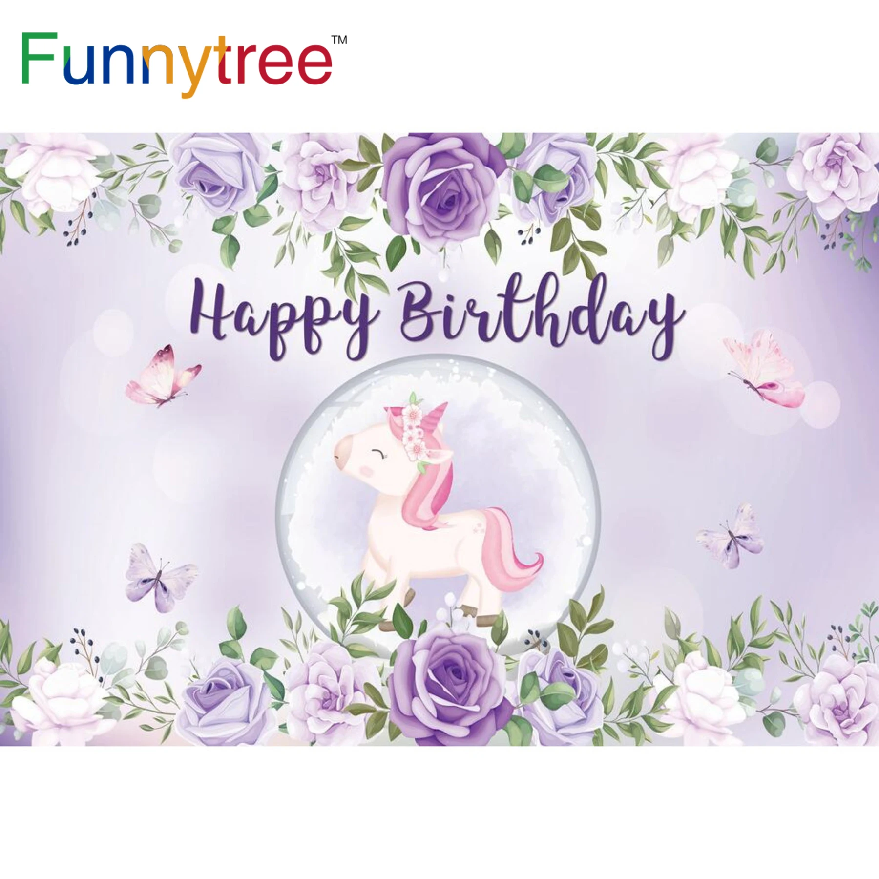 

Funnytree фон с единорогом на день рождения фон для фотосъемки с изображением для девочек с принтом бабочка, с украшением в виде кристаллов мяч ...