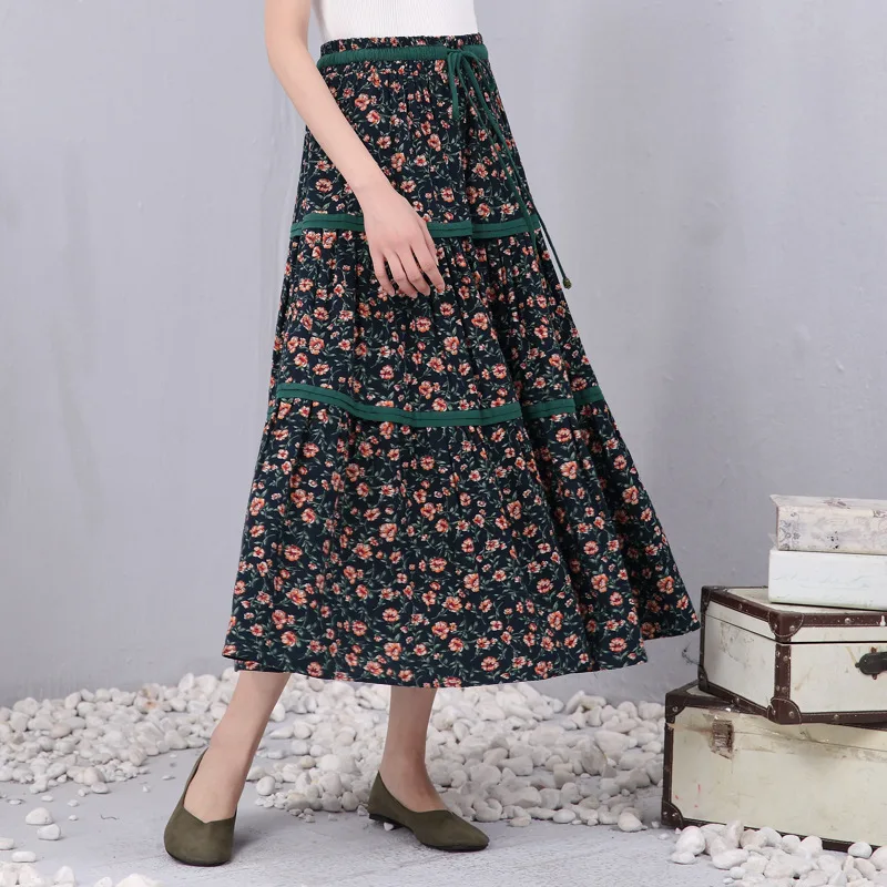 

Free Shipping 2019 Long Maxi A-line Elastic Waist Women Autumn Cotton And Linen Skirts Plus Size S-2XL Flower Print Skirts