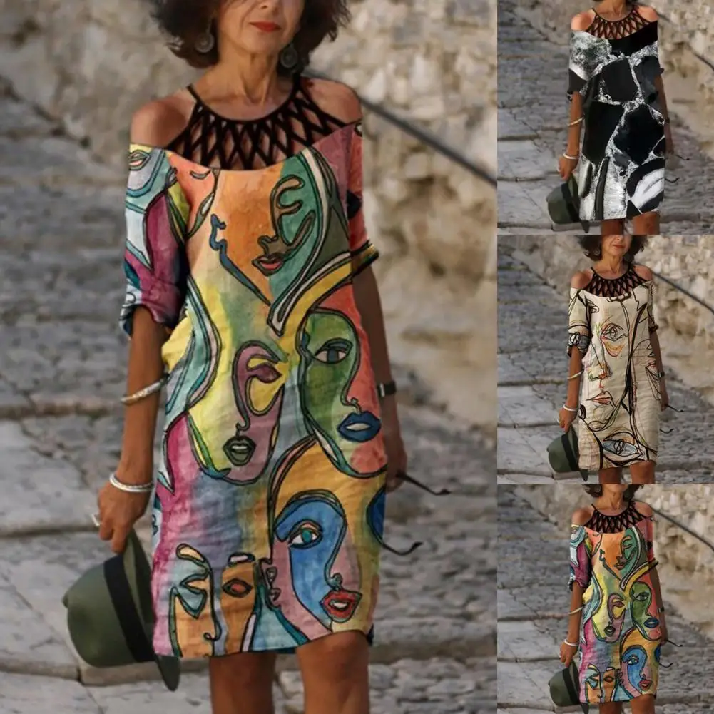 

Vintage Print Harajuku Streetwear Casual Dresses Women 2021 Sexy Hollow-out Off Shoulder Half Sleeve All-match Beach Midi Dress