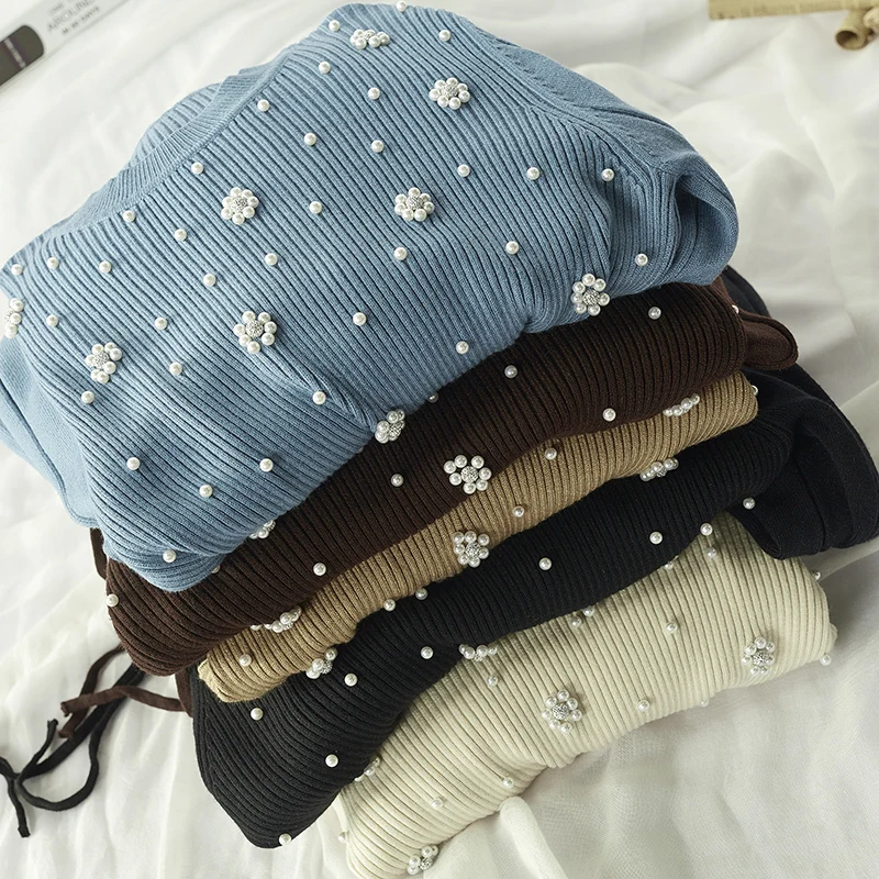 

ALPHALMODA 2019 Knitted Pearl Dress Solid Color Nail Beads Heavy-work Women Sweet Belted Pleated Knitting Dress