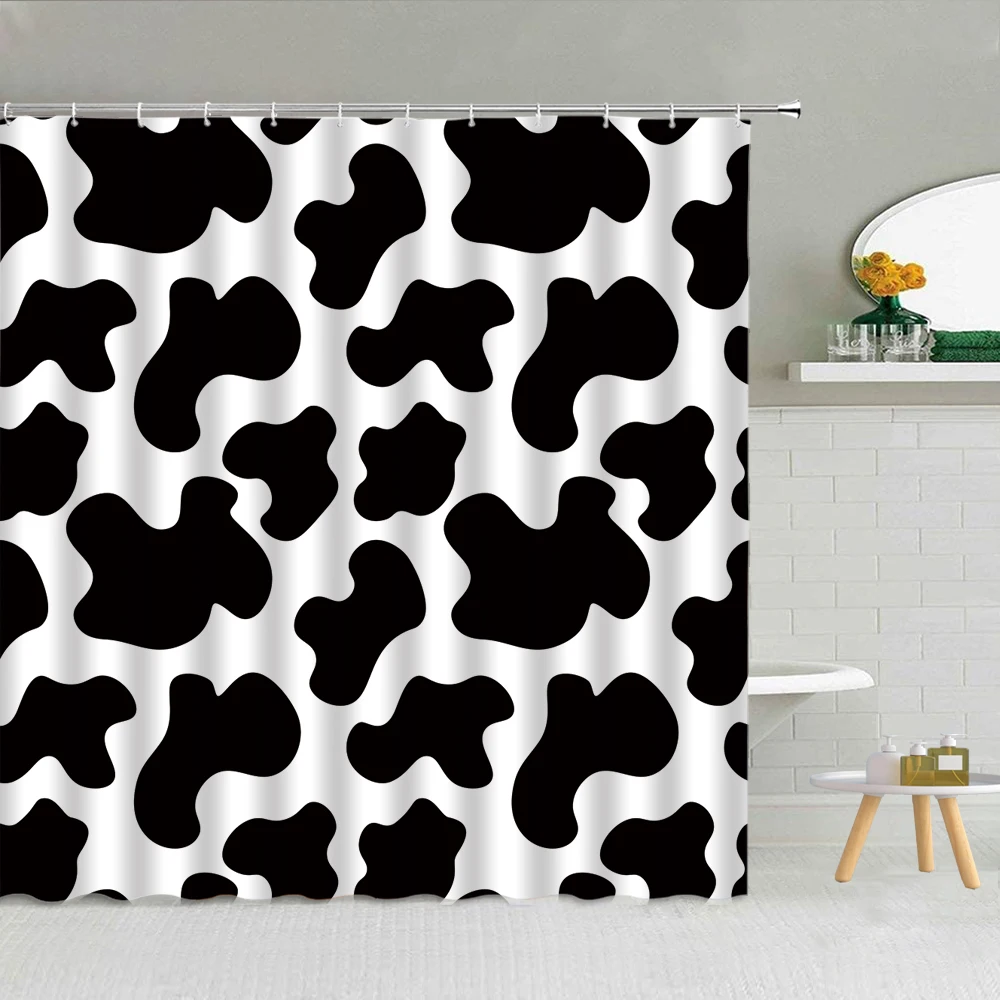 

Black And White Cow Spots Shower Curtain Camouflage Plaid Wood Grain Leopard Geometric Pattern Bath Decor Fabric Hooks Curtains