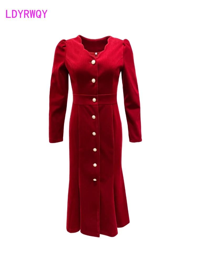 

French style retro red corduroy dress for women autumn winter 2021 knitting Cotton Office Lady Sheath
