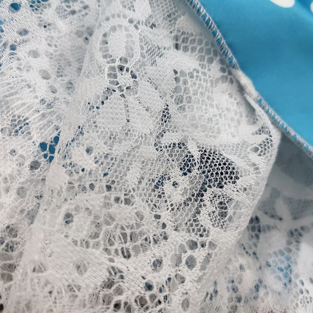 Кружевное платье миди с короткими рукавами синее элегантное летнее в горошек