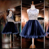 real picture beading crystal short prom dress navy blue tulle knee length petite girls sparkly ball gowns prom dresses hot sale