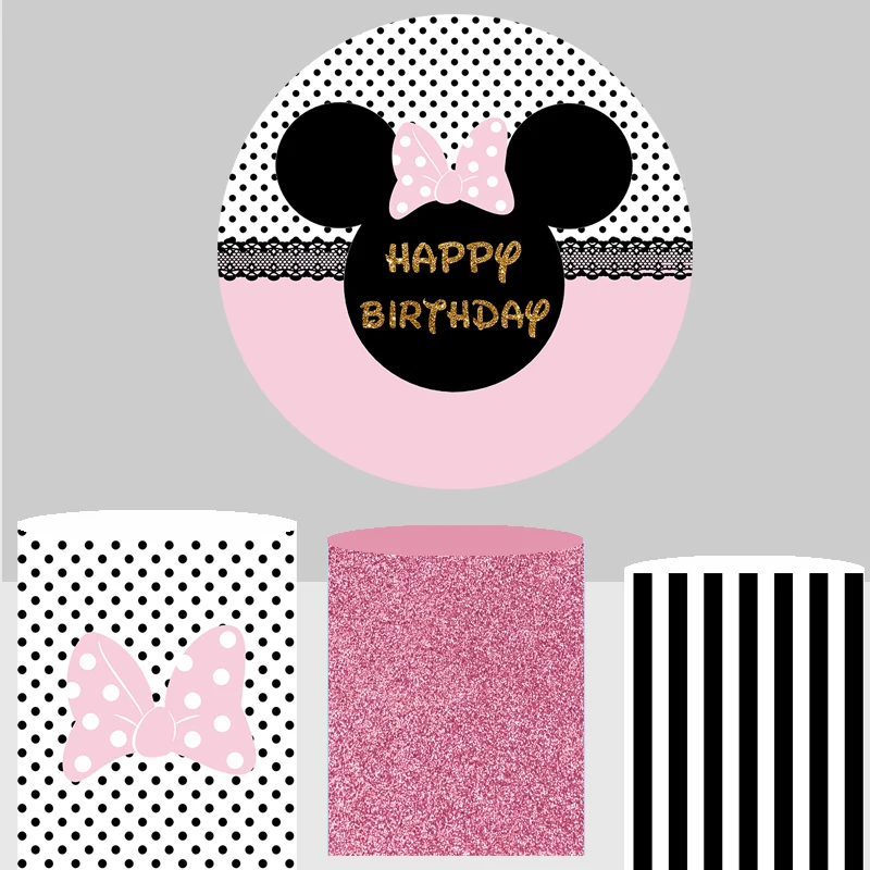 Мультяшная розовая мышь лук Девочка День рождения фон для фотостудии Круглый