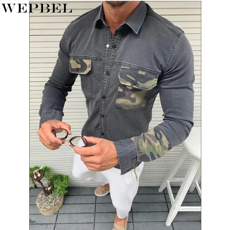 

WEPBEL Denim Jacket Men Coat Camouflage Patchwork Casual Denim Jackets Turn-down Collar Fashion Outwear Denim Coat for Man