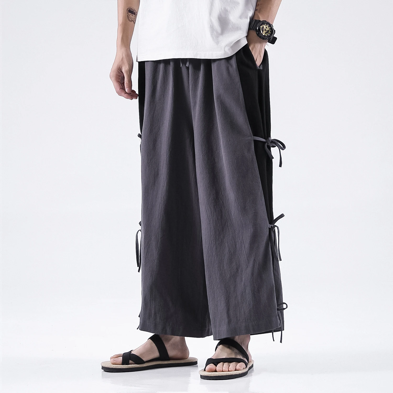 Брюки мужские льняные с широкими штанинами уличная одежда в стиле Харадзюку