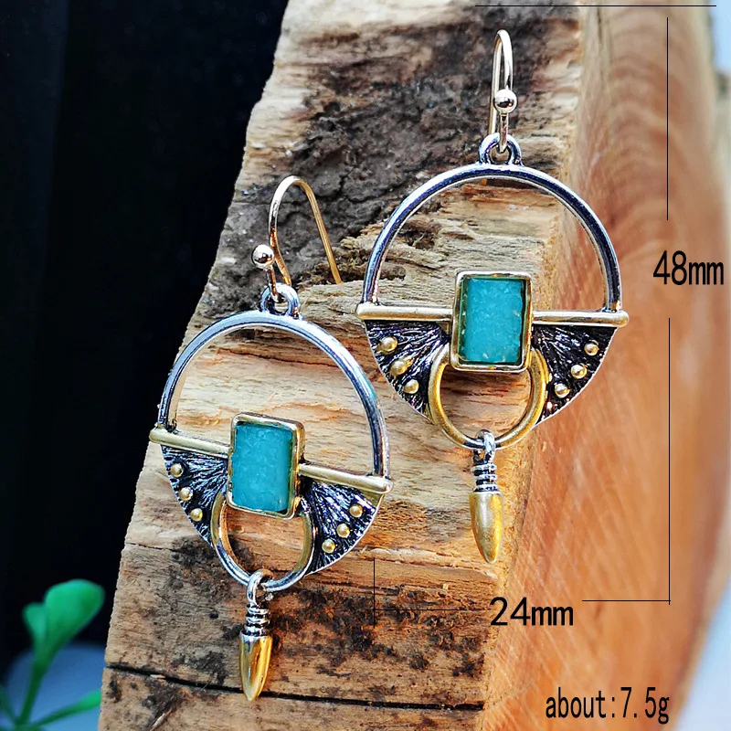 Boho Tribal полые круглые пули инкрустировано синим камнем серьги винтажные женские