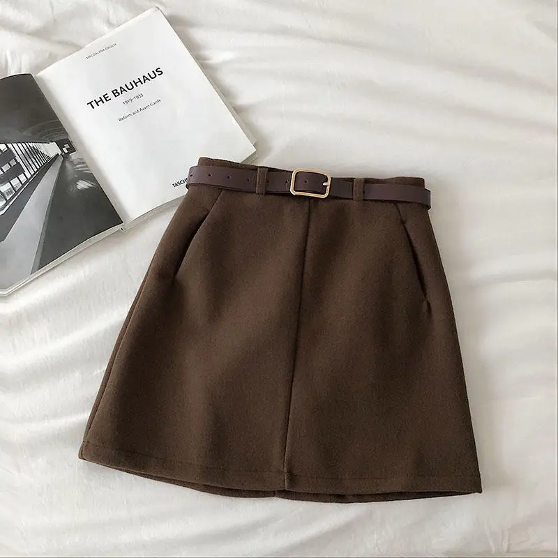 Brown Skirt Однотонные шерстяные юбки женские Saia мини-юбки женские Faldas теплые зимние короткие женские юбки с ремнем Jupe Femme Q2149 - Цвет: Brown Skirt