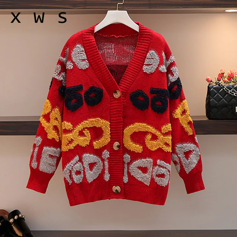 

Women Winter Sweater Coat V neck Single Breasted Argyle Knit Jackets Oversized Korean Warm Thick Winter Cardigans Girl