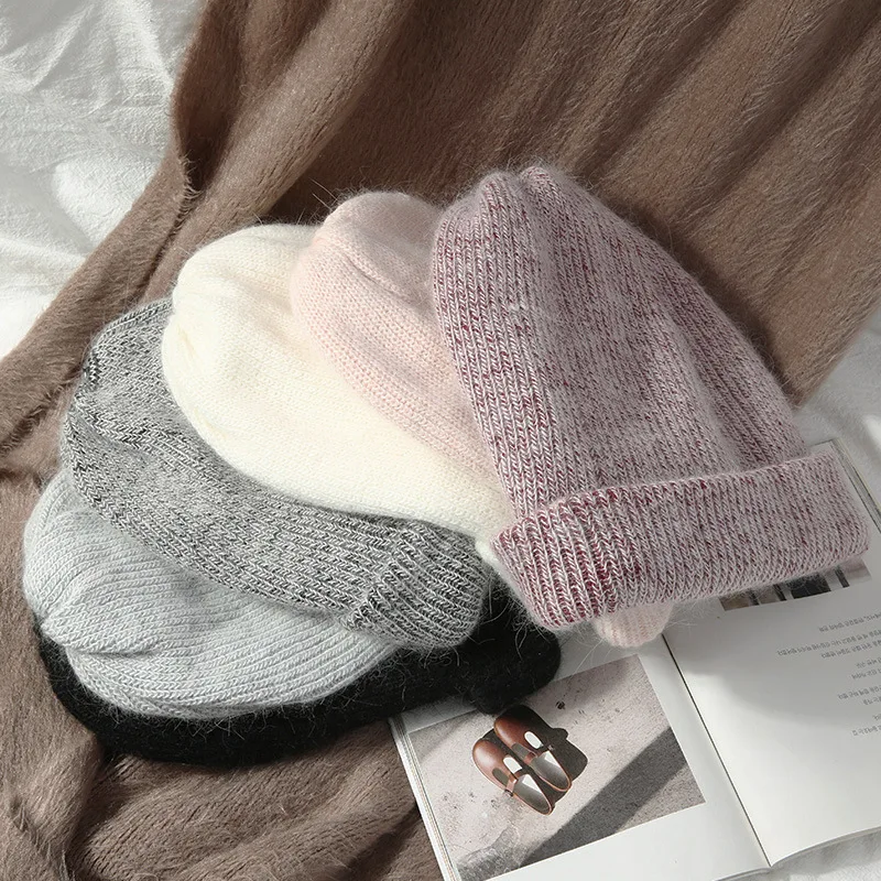 New Knitted Rabbit Fur Skullies Hat Autumn Winter Fashion Casual Soft Warm Fluffy Winter Hat Warm Vogue Ladies Wool Angora Hats
