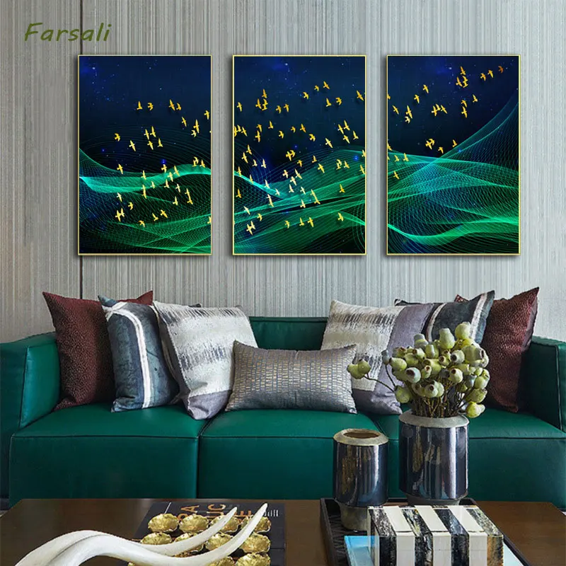 Abstract Moon Wall Art Canvas Painting Golden Mountain Birds Nordic Posters and Prints Pictures for Living Room Home Décor | Дом и сад