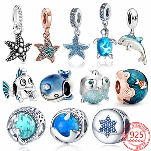 Hot Sale Authentic 925 Sterling Silver Marine Life Blue Beads Charms Fit Original 3mm Bracelet DIY Jewelry Making Dropshipping