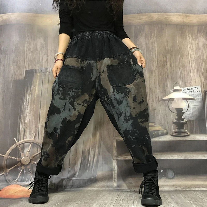 

FAKUNTN Autumn New Arts Style Women Elastic Waist Loose Casual Jeans Splice Vintage Print Cotton Denim Harem Pants Female