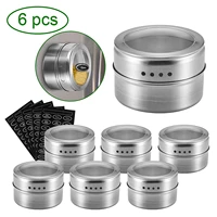 6pcsset clear lid magnetic spice tin jar stainless steel spice sauce storage container jars kitchen condiment holde