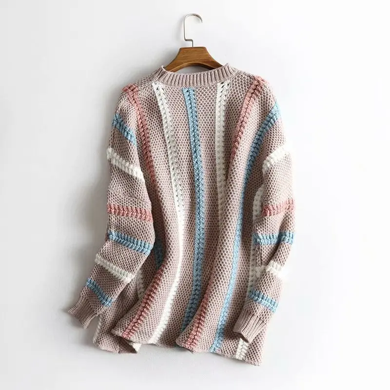 TMODA Za Winter Women 2021 Lantern Sleeve Striped Pull Sweater Jumpers Soft Knit Oversize Korean Thick Warm Sweaters | Женская одежда