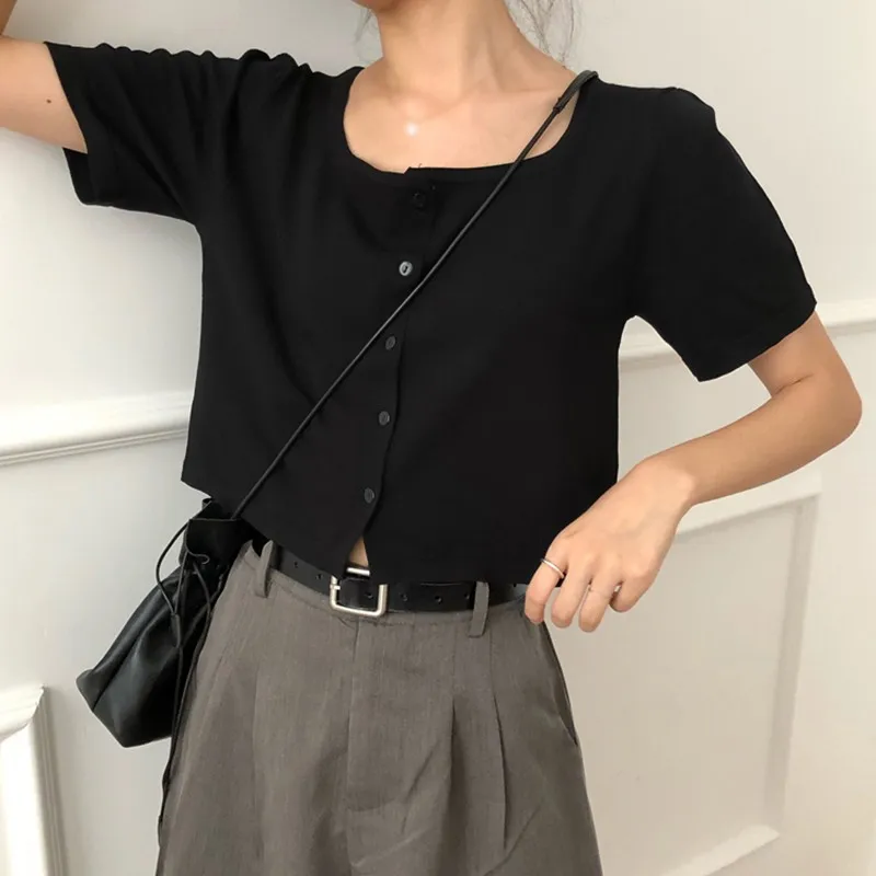 

Small Fresh And Loose Square Collar Short-sleeved T-shirt Women Were Thin And Short Cardigan 2020