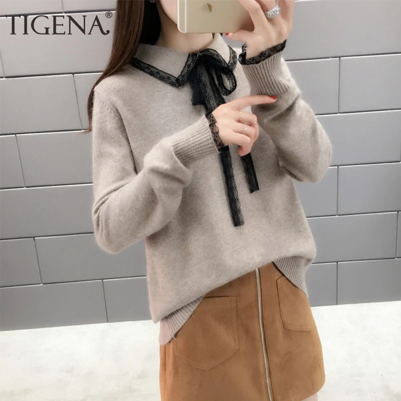 

TIGENA Elegant Lace Turn-down Collor Sweater Women Jumper 2021 Autumn Winter Long Sleeve Knitted Pullover Sweater Female Khaki