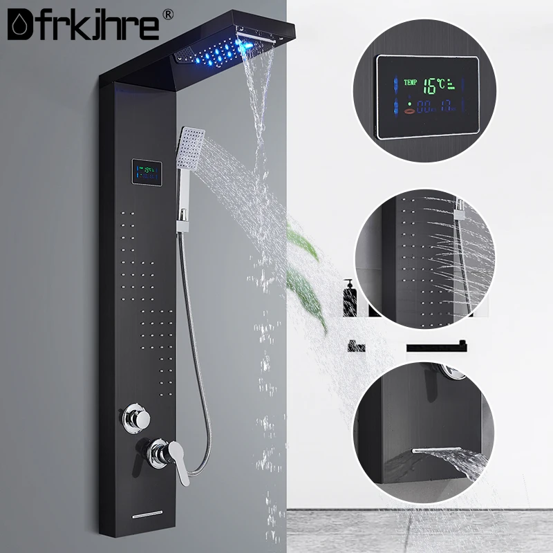 

Black LED Light Waterfall Shower Faucet SPA Massage Jet Bathroom Shower Column System Rain Shower Panel Bidet Sprayer Mixer Tap