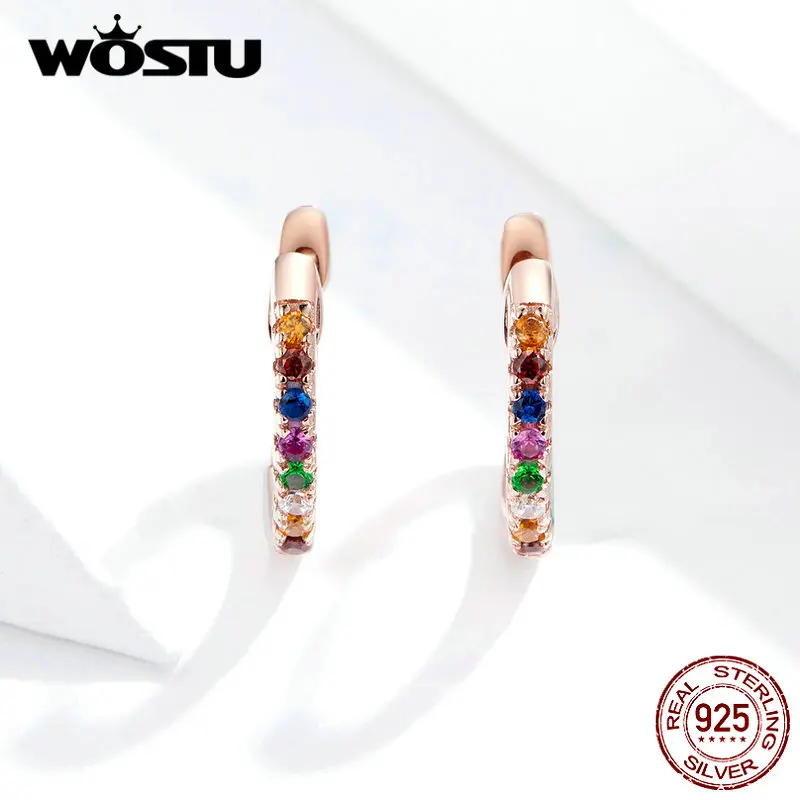 WOSTU Real 925 Sterling Silver Colorful Zircon Rose Gold Stud Earrings For Women Wedding Small Jewelry Gift DXE721-C | Украшения и