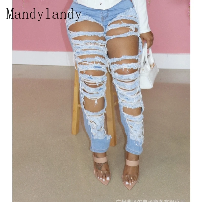 

Mandylandy Jeans Summer Sexy High Waist Button Denim Pencil Pants Women's Casual Solid Color Ripped Jeans