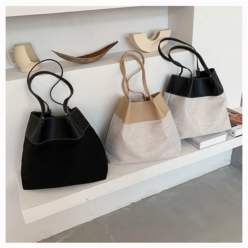 

Fashion Linen Large Capacity Tote designer Patchwork Women Shoulder Bags Luxury Lady Handbags Simply Buckets Bag Big Purses 2021