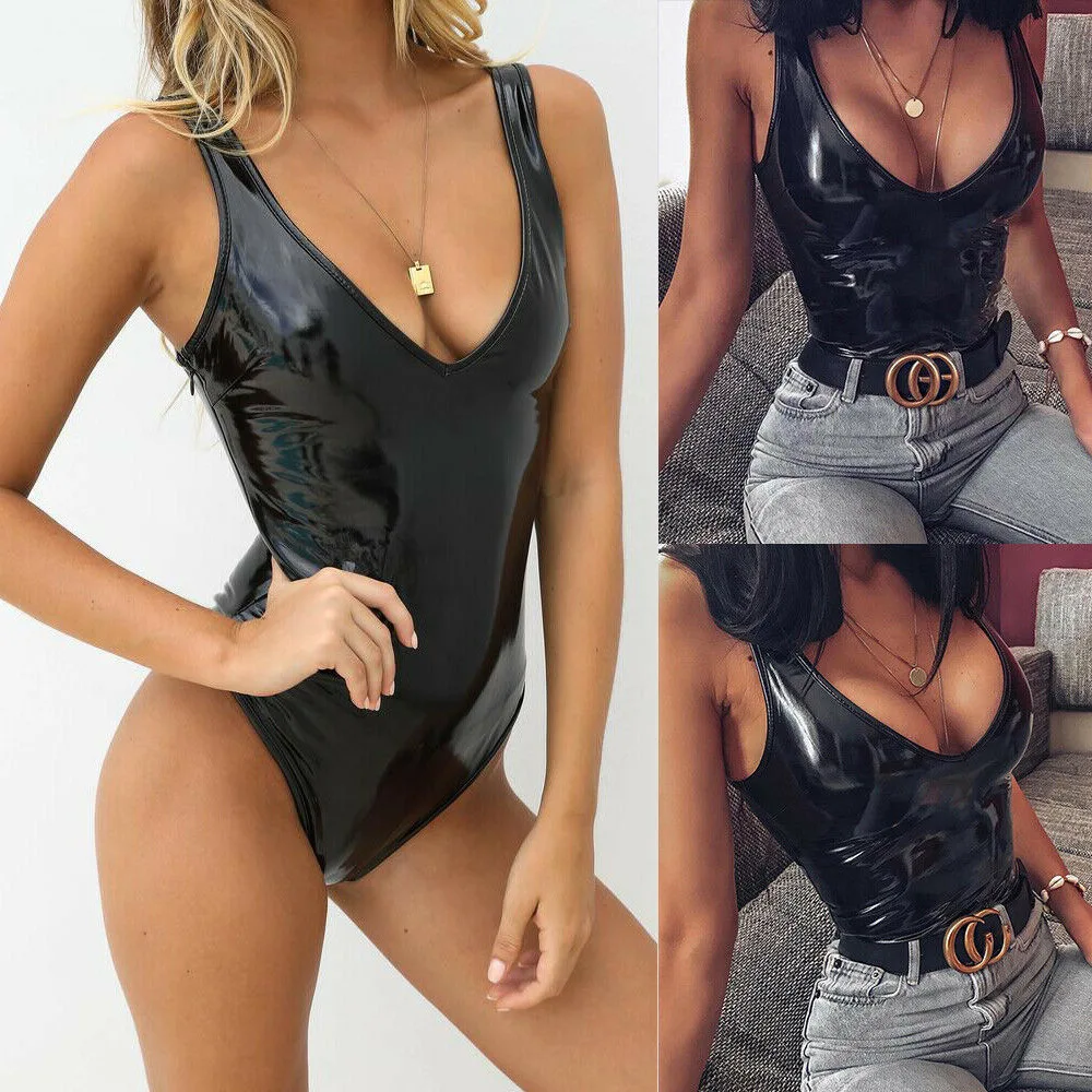 

Leather Fashion Female Bodysuit Backless Sexi Women Latex Catsuit Sexy Lingerie Faux Erotic Underwear Ladies Spandex Leotard Sex