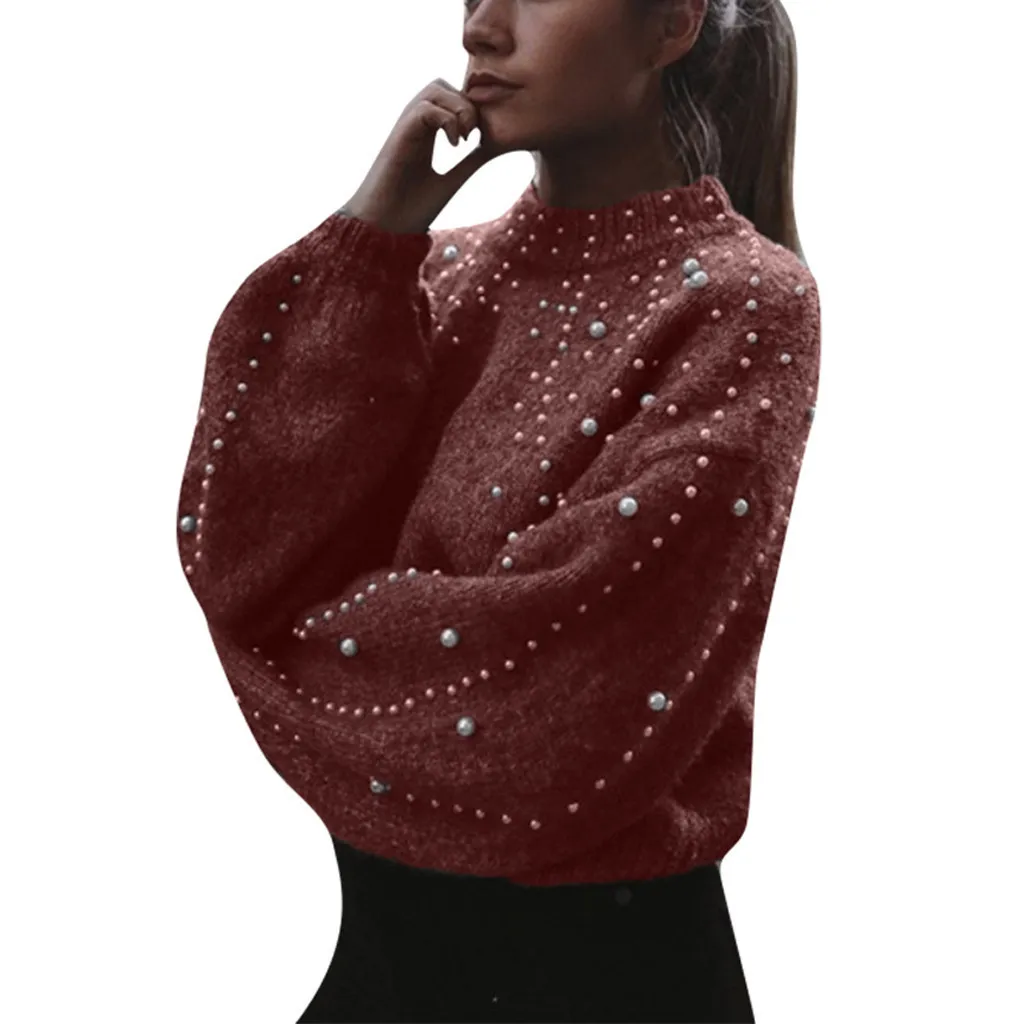Women's Casual Sweater Thick Needle Long Sleeve O-neck Pullover Autumn Winter Loose Pearl Sweaters Femme Clothes | Женская одежда