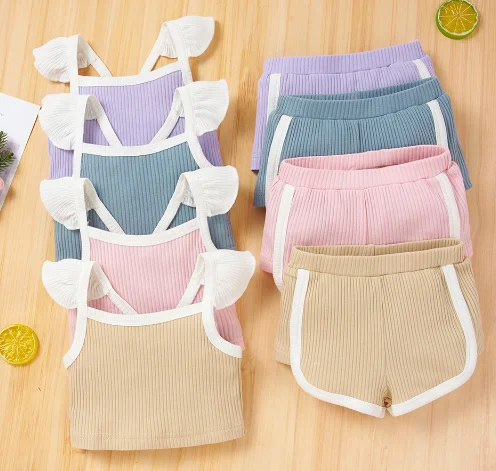 

Newborn Girl's Two Piece Set Sumemr Fly Sleeve Square Neck Ribbed Tops Elastic Shorts for Infants