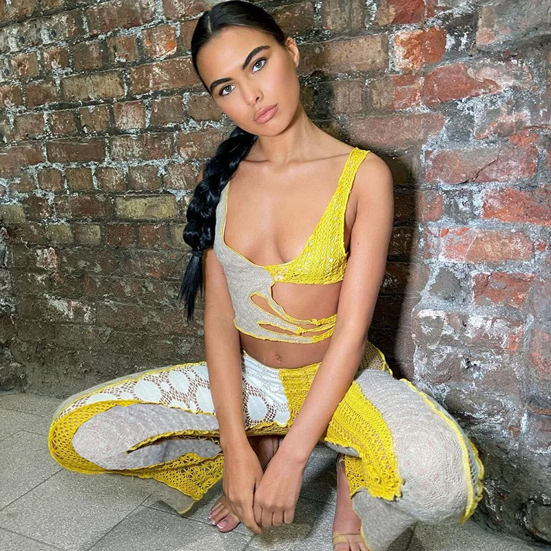 

CIBBAR Patchwork Knitting Women's Flare Pants Hipster Contrast Color Slim Trousers Harajuku Fashion Streetwear Female Clothing