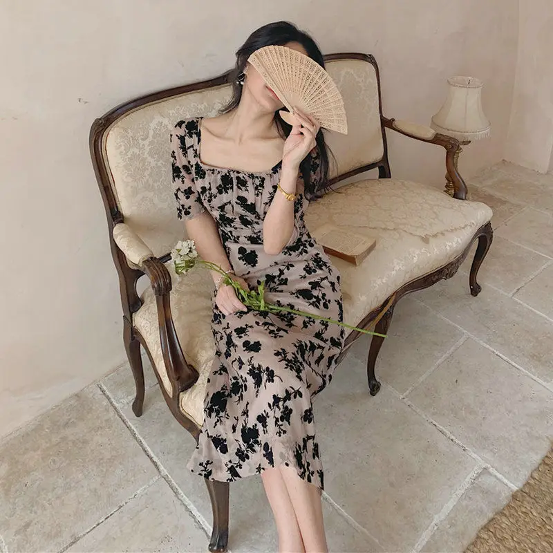 

Women's Spring Summer Style Dress Women's Vintage Elegant Printed Short Sleeve Slim Temperament Dress SS1594