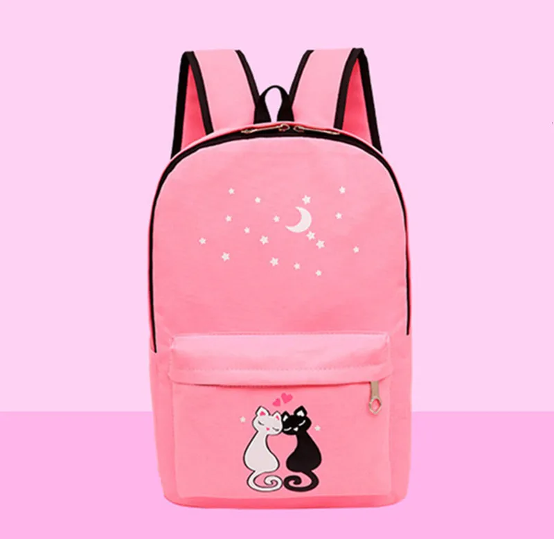 Backpack Women 4pcs/set Cat Printing Canvas School Bags For Teenager Girls Preppy Style Rucksack Cute Book Bag Mochila Feminina