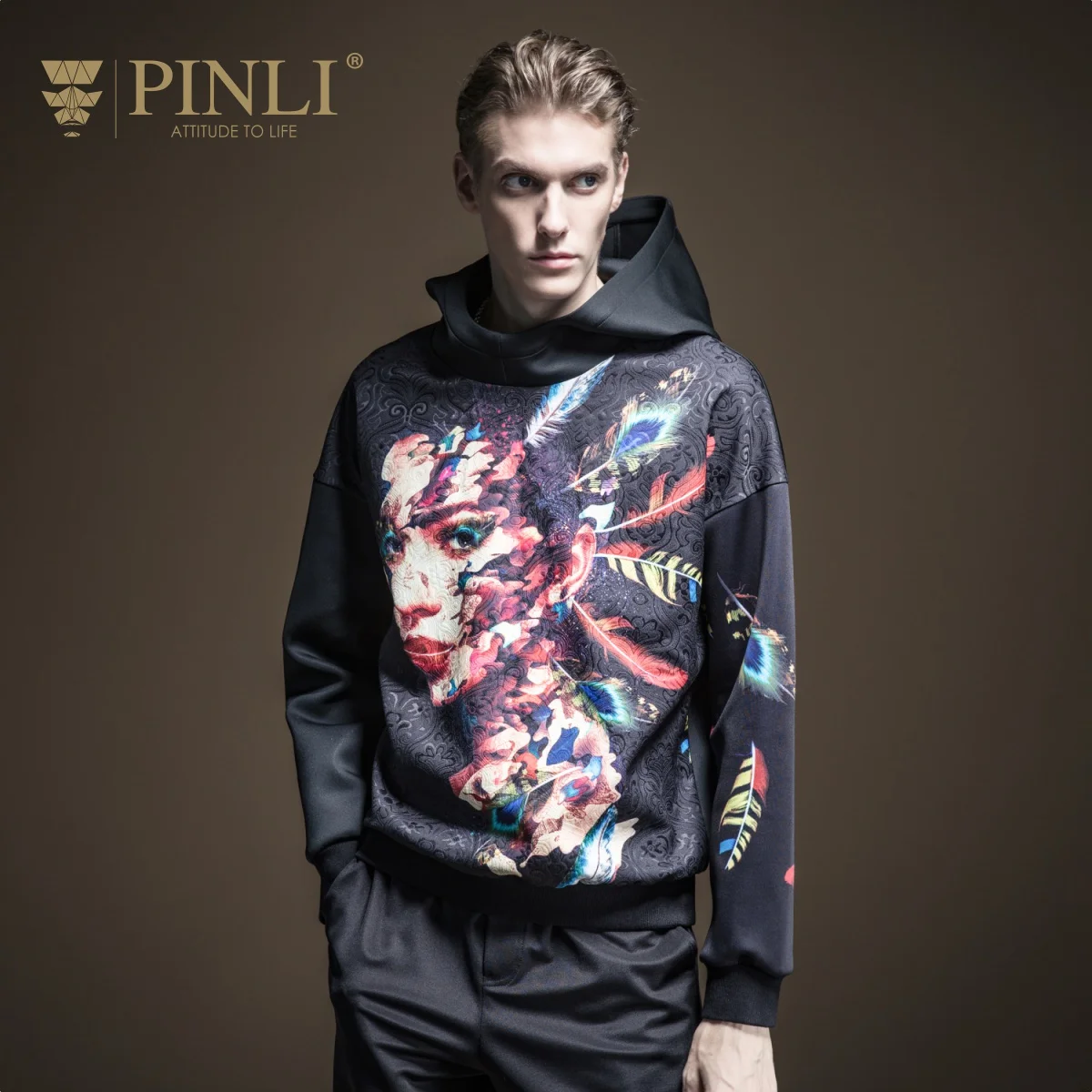

Free shipping New men's male unique fashion casual Autumn New Slim Fit Print Hooded Jacquard Pullover Sweatershirt B193309226