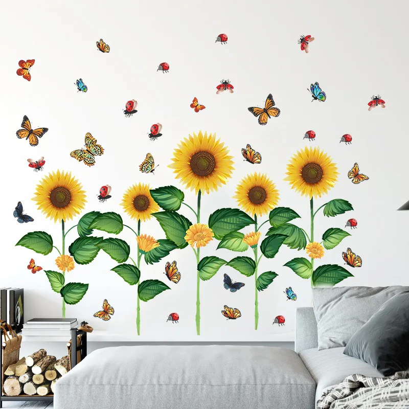 

New Sunflower Fence Wall Stickers Self-adhesive Butterfly Wall Decals Vinyl Wallpaper Art Mural Livingroom Bedroom Decoration